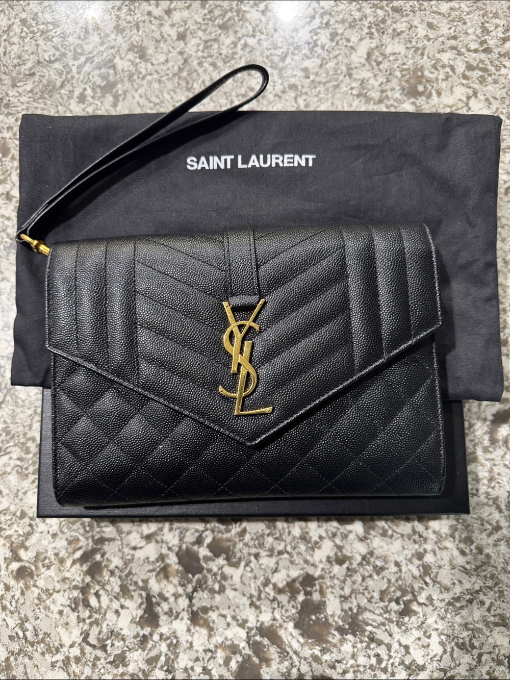 Saint Laurent Black Quilted YSL Logo Wristlet Clutch with Gold Hardware
